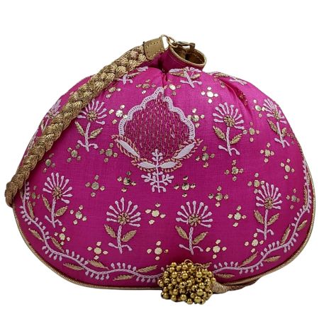 Magenta Pink Chikankari Silk Round Potli Bag for Women
